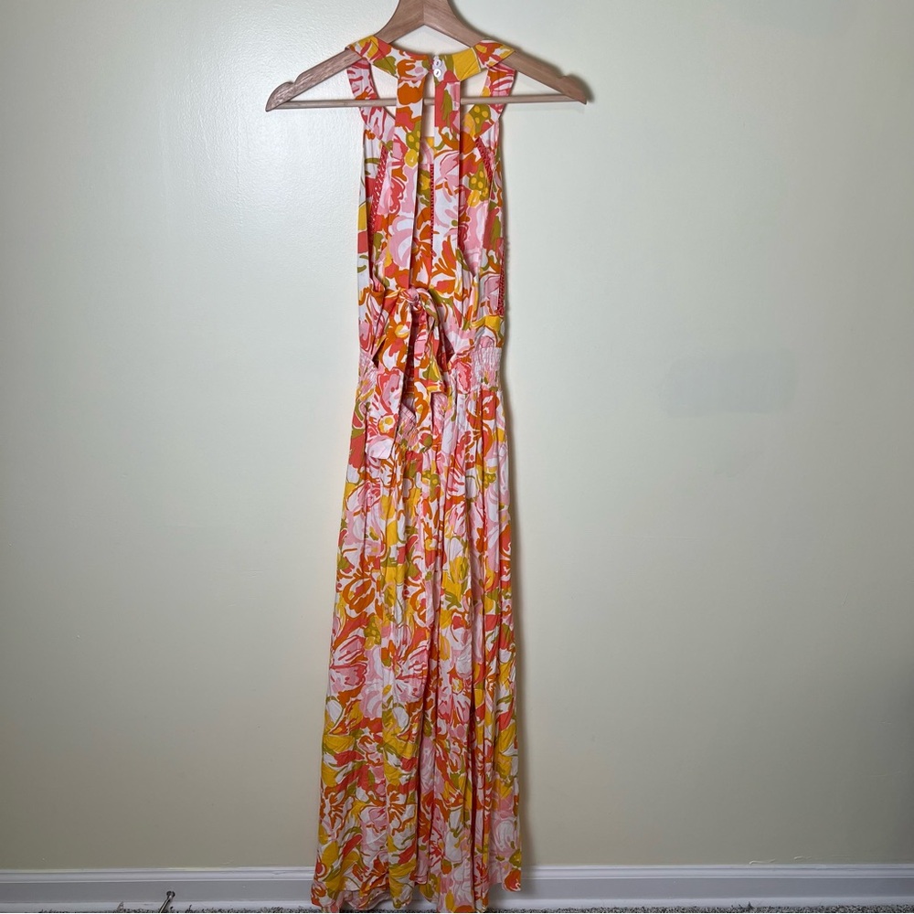 Abel The Label Anthropologie Smocked Waist Floral Halter Maxi Dress Orange Large - Picture 8 of 10